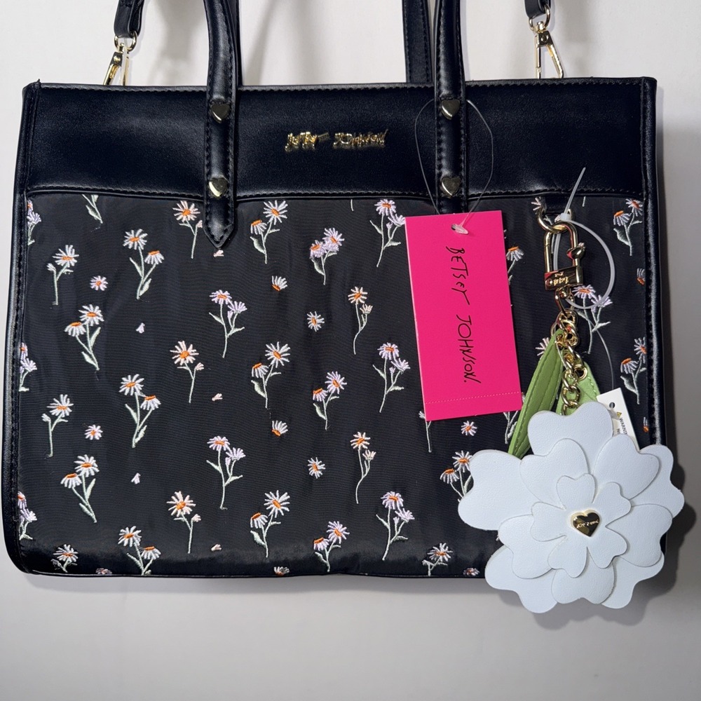 Betsey Johnson Women's XoBeca-N Flower Embroidered Tote Handbag Purse Black‎